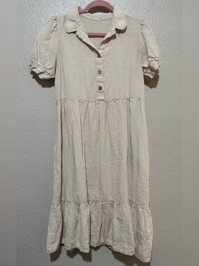 Women’s Linen Blend Tiered Babydoll Midi Cream Dress Prairie Cottagecore Boho